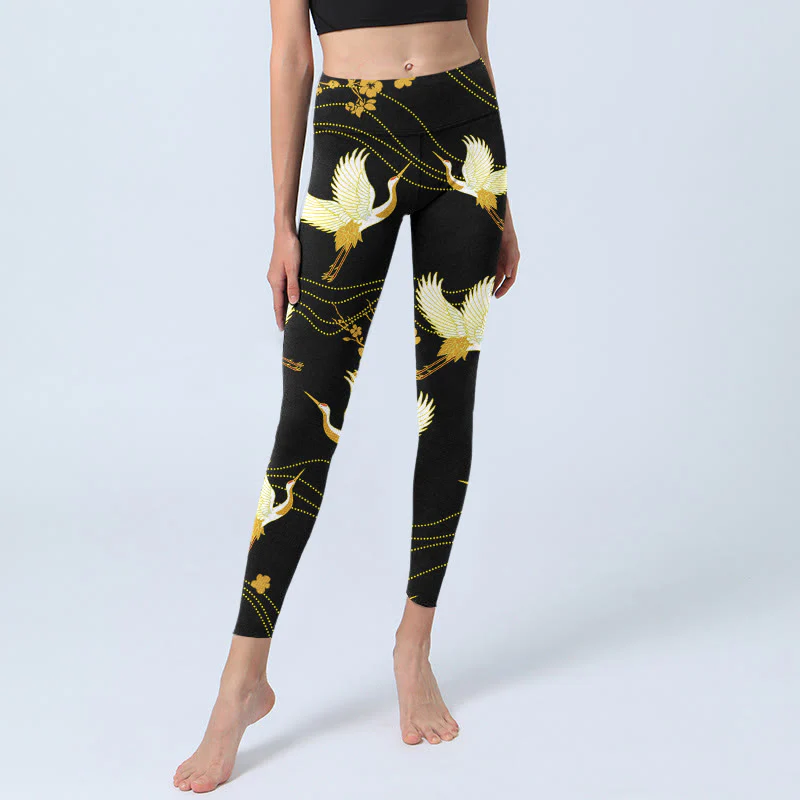 Buddha Stones Red-crowned Cranes Golden Flowers Line Pattern Print Gym Leggings Women's Yoga Pants