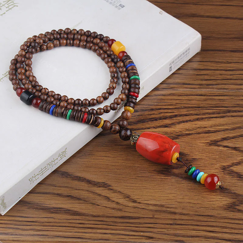 Buddha Stones Tibetan Wenge Wood Bodhi Seed Agate Balance Peace Necklace Pendant