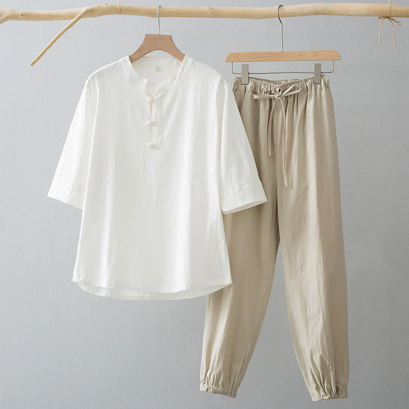 Buddha Stones Frog-Button Three Quarter Sleeve Shirt Pants Men's Suit