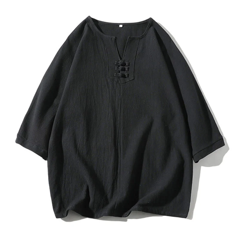 Buddha Stones 2Pcs Plain Notched Collar T-Shirt 7-8 Length Wide Leg Shorts With Pockets Cotton Linen Men's Meditation Cloth Set