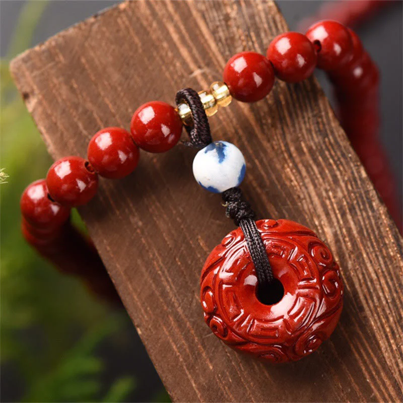 Buddha Stones Tibetan Cinnabar Peace Buckle Triple Wrap Blessing Bracelet Mala