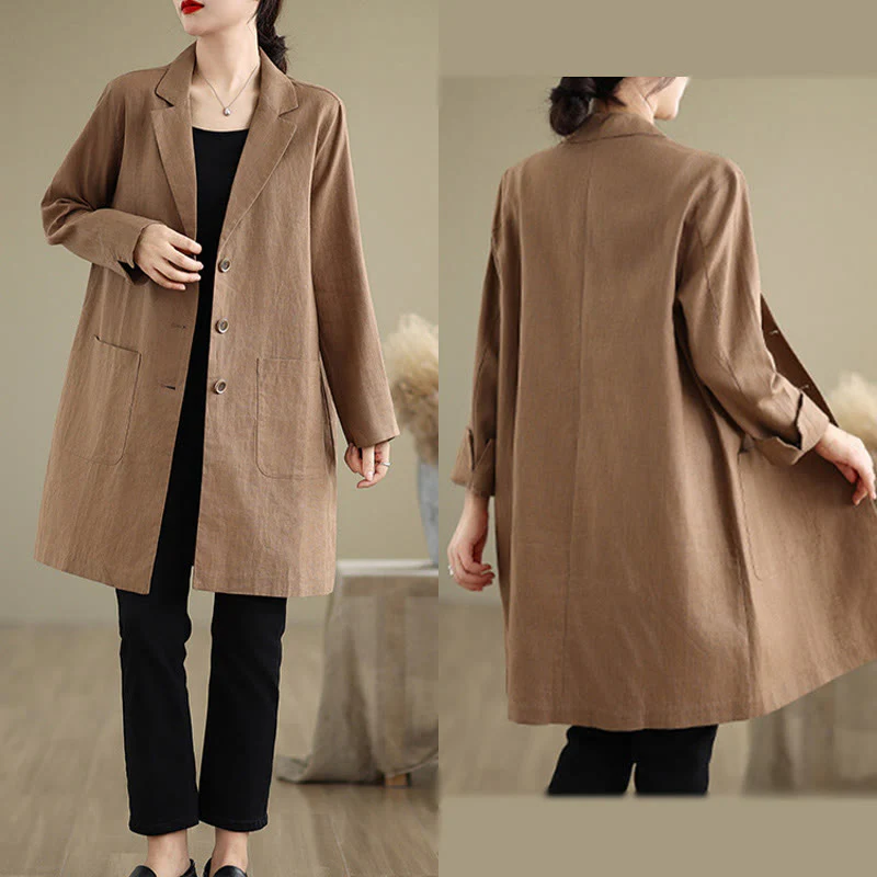 Buddha Stones Casual Fall Buttons Design Lapel Women's Cotton Linen Coat With Pockets
