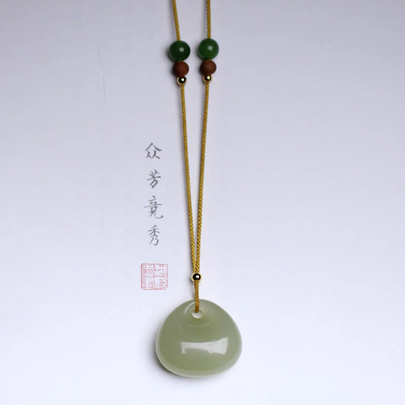 Buddha Stones Natural Hetian Jade Small Bag Pattern Prosperity String Necklace Pendant