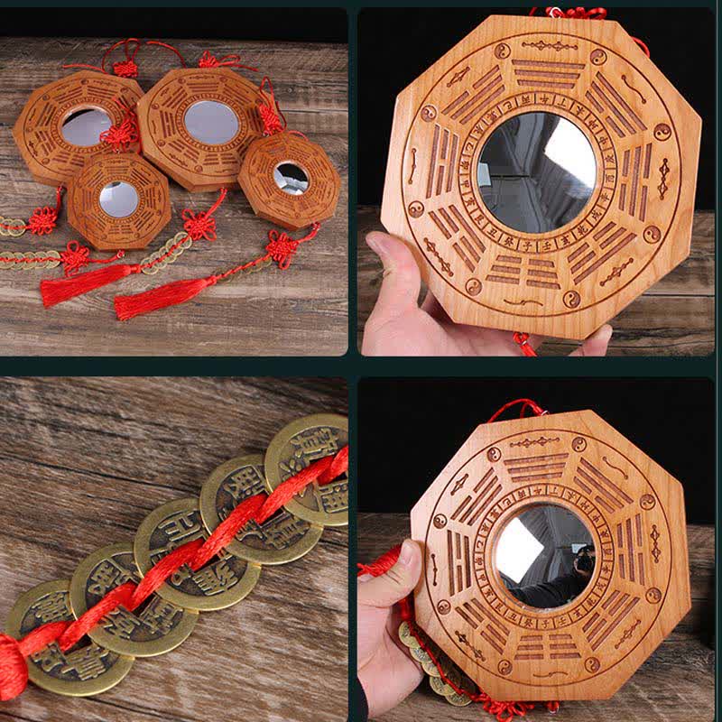 Buddha Stones Feng Shui Bagua Map Peach Wood Five-Emperor Coins Chinese Knotting Balance Energy Map Mirror