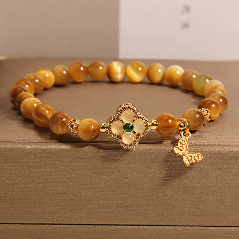 Buddha Stones Tiger Eye Four Leaf Clover Butterfly Protection Bracelet