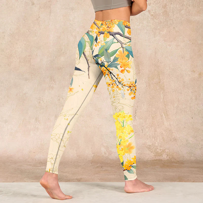 Buddha Stones Yellow Osmanthus Fragrans Rapeseed Print Gym Leggings Women's Yoga Pants