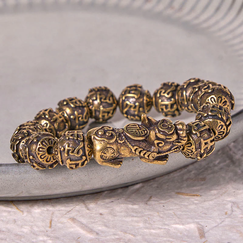 Buddha Stones Pi Xiu Carrying Fu Character Six True Words 'om Mani Padme Hum' Copper Brass Beads Wealth Bracelet Bangle