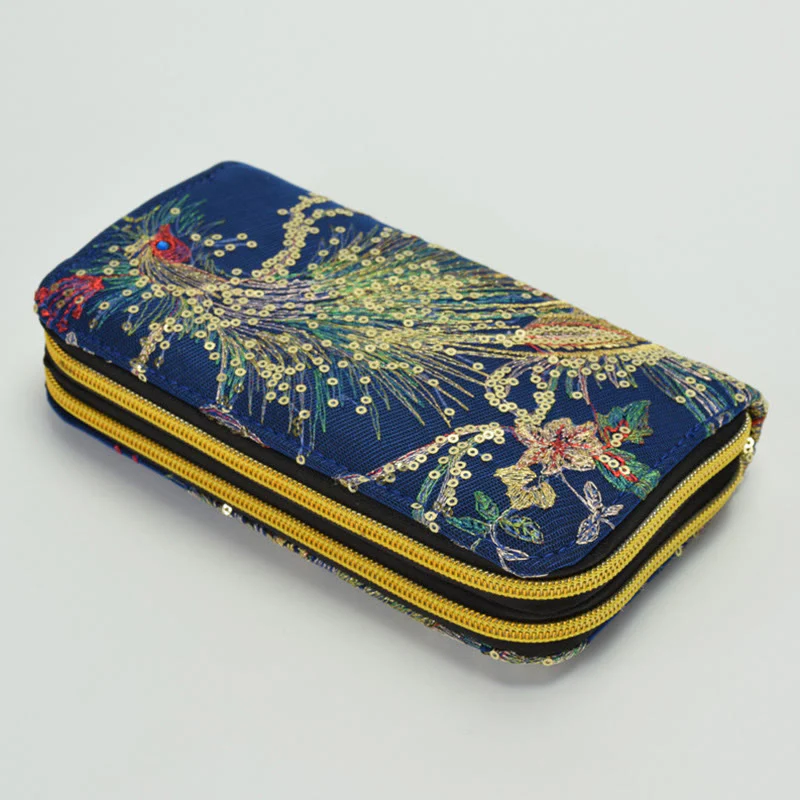 Buddha Stones Peacock Double-sided Embroidery Cash Holder Wallet Shopping Purse