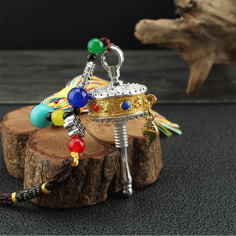 Buddha Stones Tibet Om Mani Padme Hum Prayer Wheel Tassel Bag Car Hanging Decoration