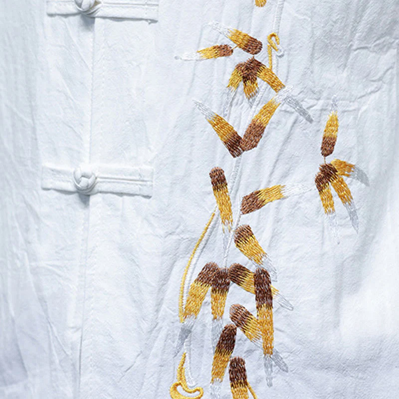 Buddha Stones Embroidery Men's  Chinese Frog-Button Three Quarter Sleeve Shirt Clothing