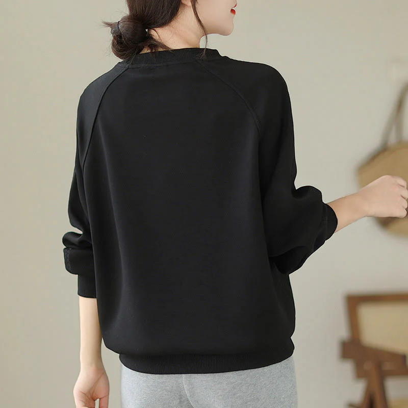 Buddha Stones Fall Plain Crew Neck Cotton Pullover Women's Sweatshirt