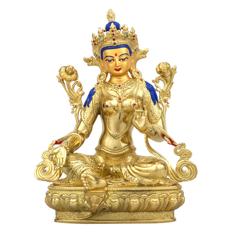 Buddha Stones Bodhisattva Green Tara Protection Copper Gold Plated Statue Decoration