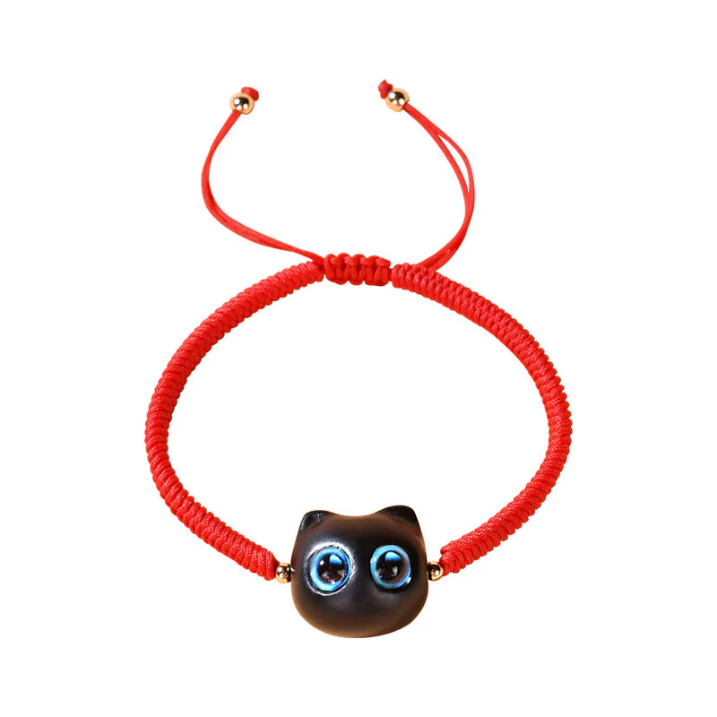 Buddha Stones Ebony Wood Cat Head Pattern Peace King Kong Knot Braided Bracelet