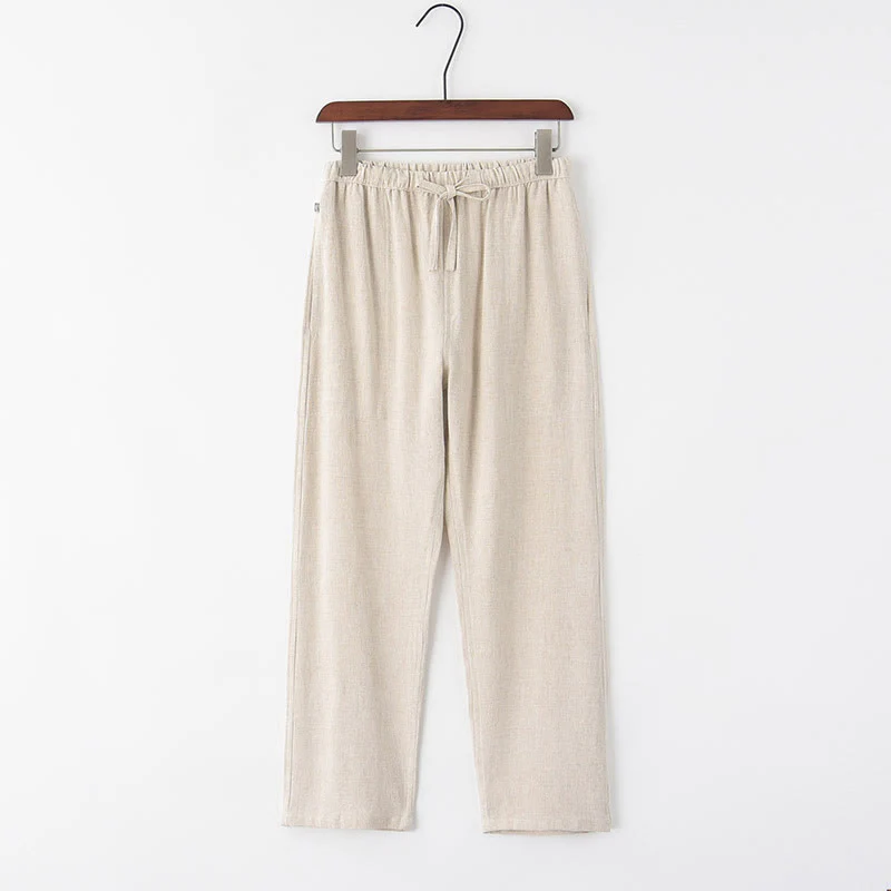 Buddha Stones Spring Summer Solid Men's Drawstring Linen Pants With Pockets