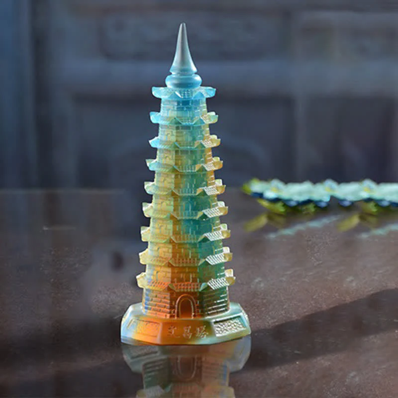 Buddha Stones Feng Shui Wenchang Tower Handmade Liuli Crystal Pagoda Art Piece Luck Home Office Decoration