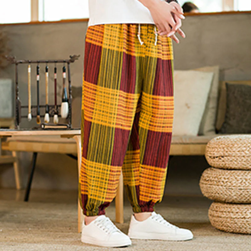 Buddha Stones Summer Checkered Stripes Cotton Linen Men's Harem Pants With Pockets