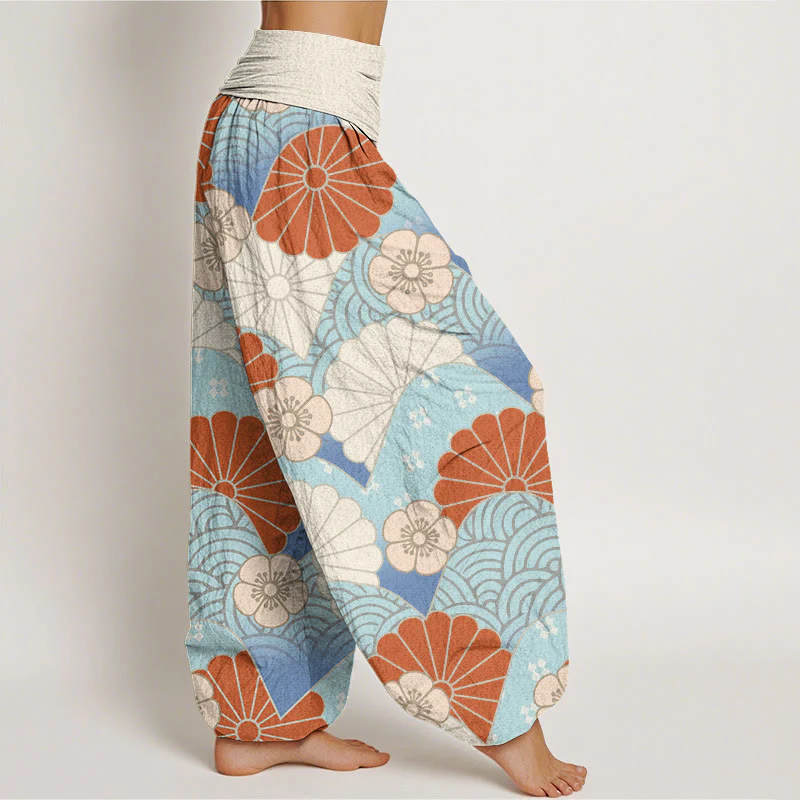 Buddha Stones Casual Abstract Petal And Wave Pattern Women's Elastic Waist Harem Pants