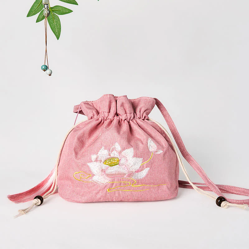 Buddha Stones Embroidered Light Pink Lotus Cotton Linen Crossbody Bag Shoulder Bag