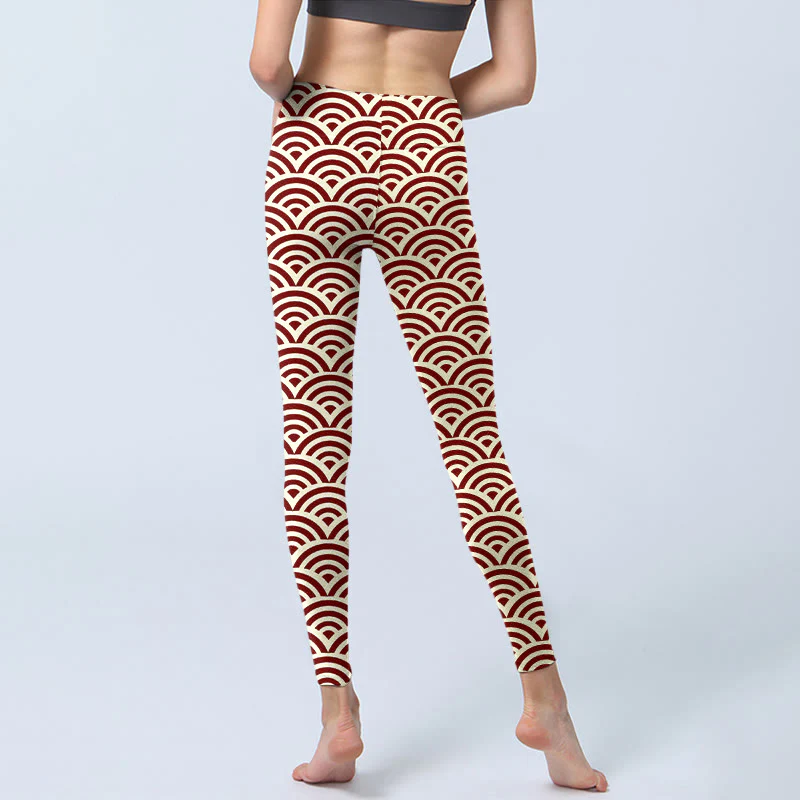 Buddha Stones Red Beige Fan Shapes Print Gym Leggings Women's Yoga Pants