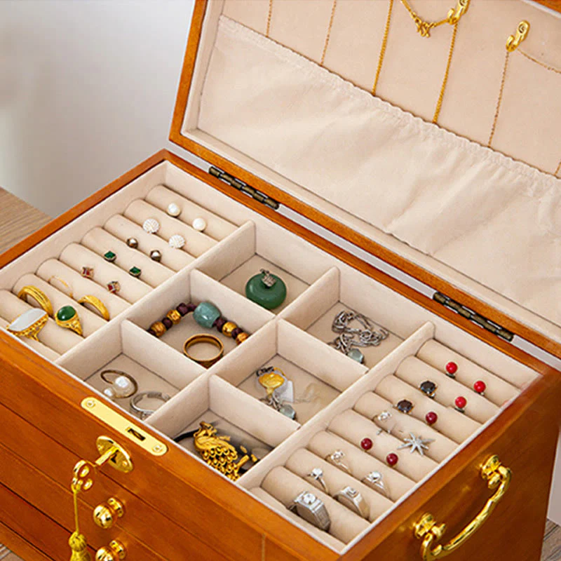 Buddha Stones Retro Solid Wood Jewelry Box Four-Layer Wooden Jewelry Storage Box