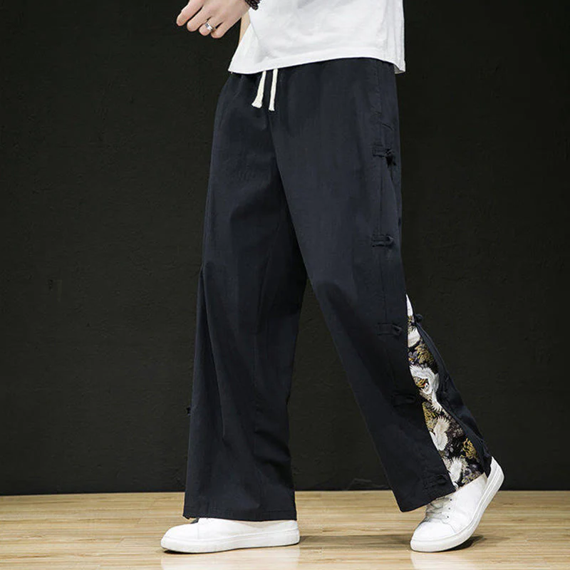 Buddha Stones Casual Patchwork Crane Pattern Frog-Button Design Men's Wide Leg Pants With Pockets