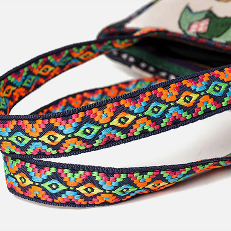 Buddha Stones Elephant Butterfly Embroidered Large Capacity Canvas Tote Bag Shoulder Bag