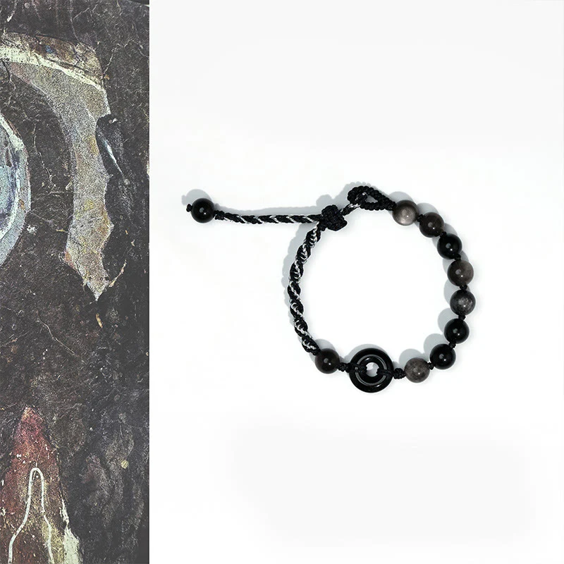 Buddha Stones Natural Black Obsidian Peace Buckle Purification Black Rope Bracelet