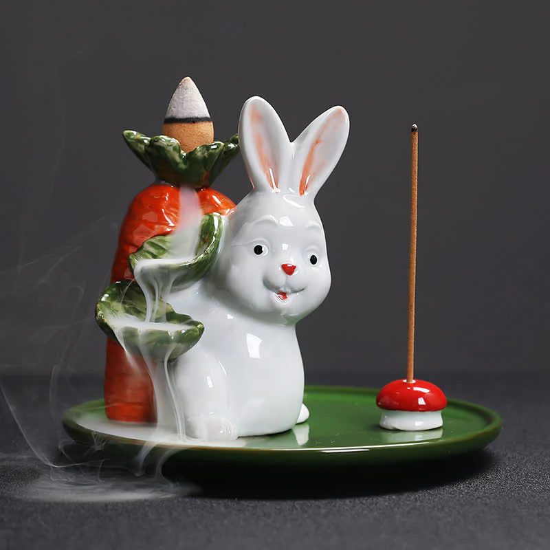 Year of the Rabbit Carrot Mushrooms Rabbit Ceramic Bunny Blessing Incense Burner (Extra 30% Off | USE CODE: FS30)