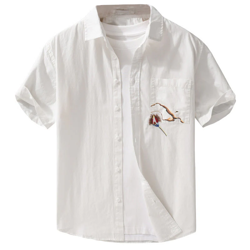 Buddha Stones Casual Embroidery Match Flame Pattern Lapel Men's Short Sleeve Cotton Shirt With Pocket