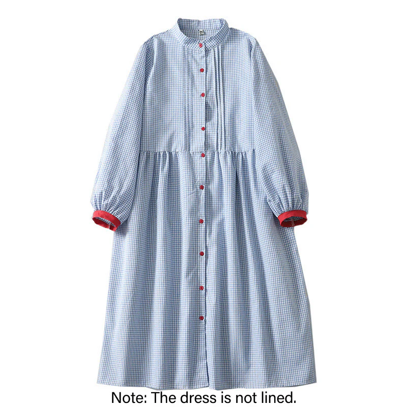 Buddha Stones Casual Plaid Pattern Long Lantern Sleeve Cotton Linen Midi Dress With Pockets