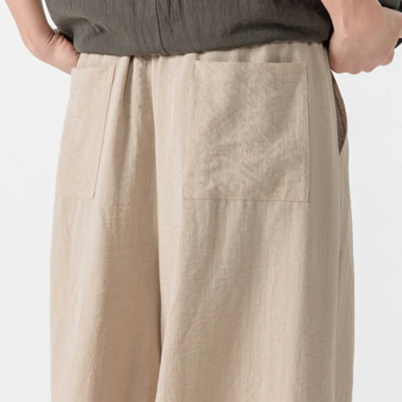 Buddha Stones Casual Loose Frog-Button Plain Men's Cotton 7-8 Length Wide Leg Pants With Pockets