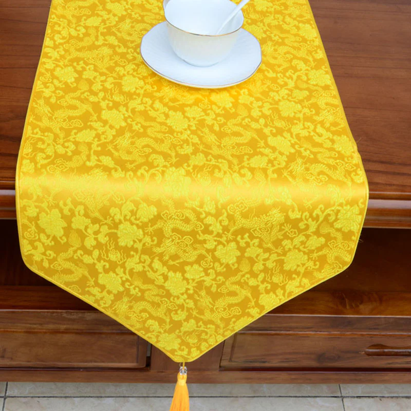 Buddha Stones Prayer Altar Flower Vajra Dragon Pattern Tibetan Auspicious Symbols Tassels Jacquard Table Runner