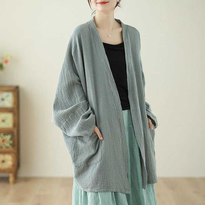 Buddha Stones Plain Long Sleeve Zen Meditation Cotton Linen Jacket With Pockets