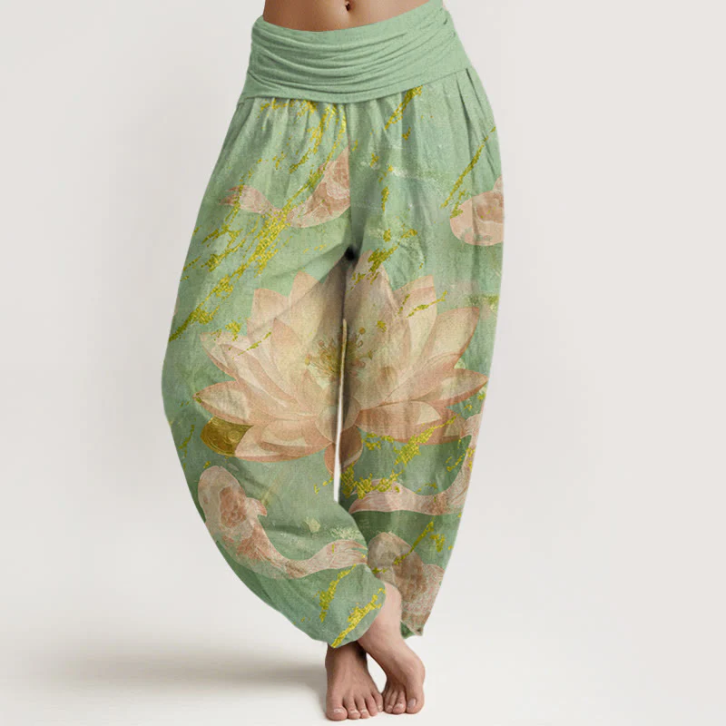 Buddha Stones Casual Lotus Flower Koi Fish Pattern Women's Harem Pants