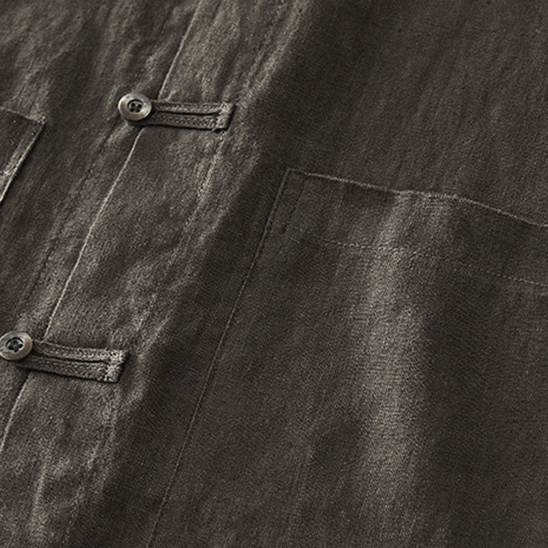 Buddha Stones Solid Summer Short Sleeve Buttons Linen Men's Shirt With Pockets