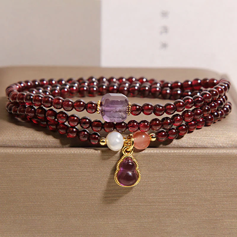 Buddha Stones Natural Garnet Amethyst Gourd Protection Multi-Layer Bracelet