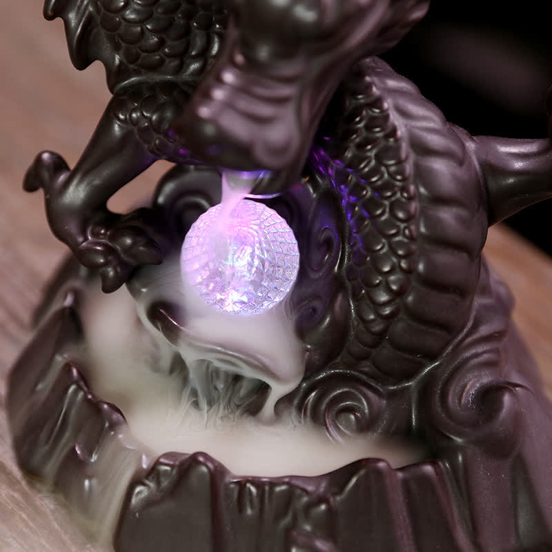 Buddha Stones Auspicious Dragon Ceramic Backflow Smoke Fountain Meditation Healing Incense Burner Led Ball Decoration