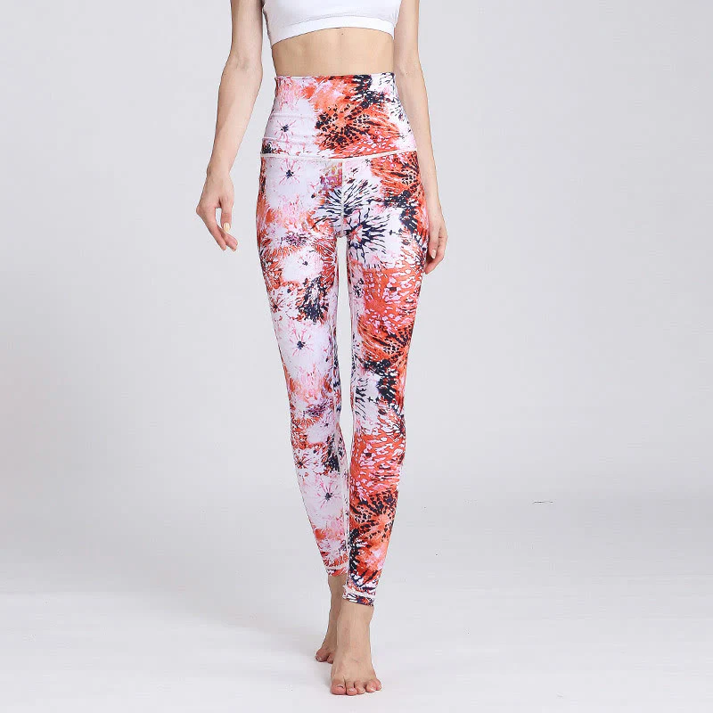 Buddha Stones Red Pink Flowers Print Sports Fitness Yoga High Waist Leggings Women's Yoga Pants