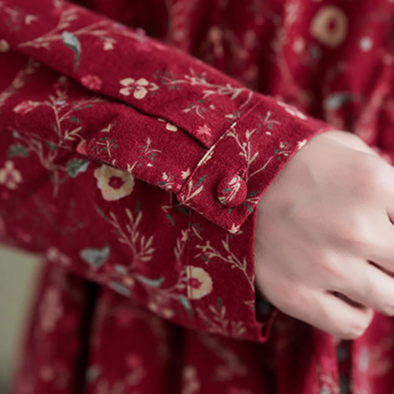 Buddha Stones Ethnic Printing Drawstring Long Sleeve Cotton Linen Midi Dress With Pockets