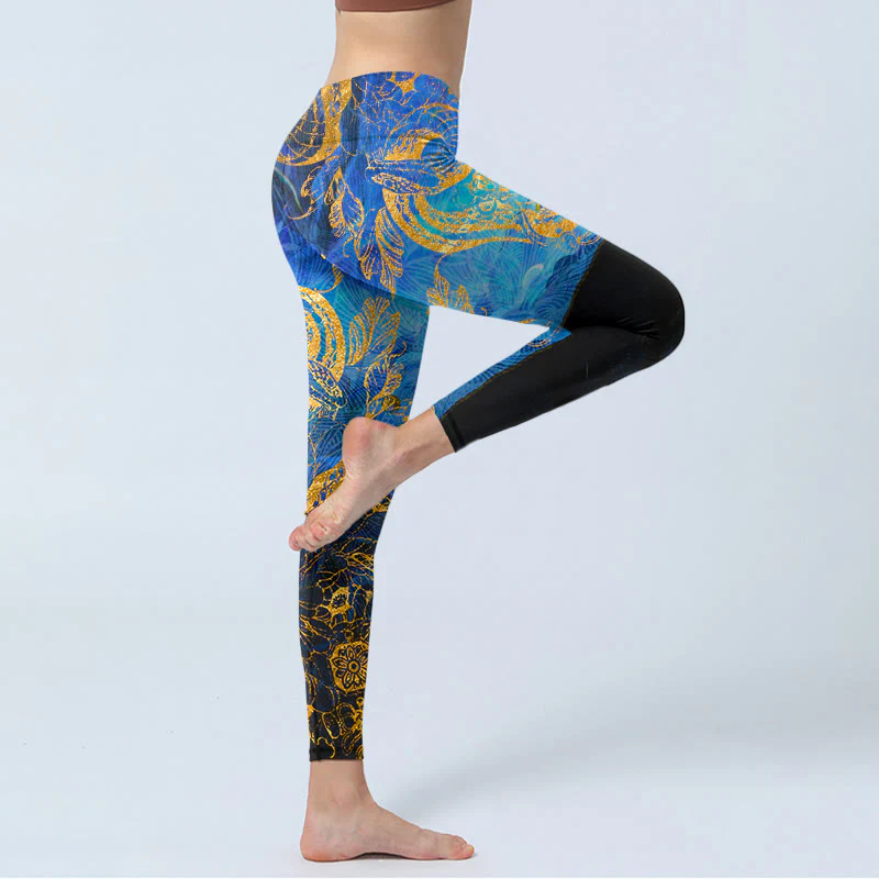 Buddha Stones Black Snake Butterfly Flower Leaves Print Gym Leggings Women's Yoga Pants