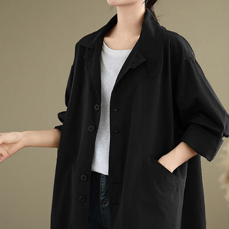 Buddha Stones Spring Plain Buttons Design Long Sleeve Women's Cotton Linen Jacket With Pockets