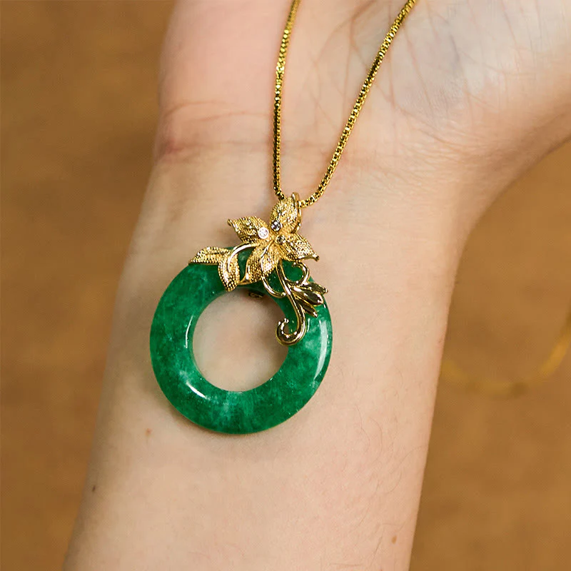 Buddha Stones Cyan Jade Peace Buckle Alloy Flower Healing Luck Necklace Pendant