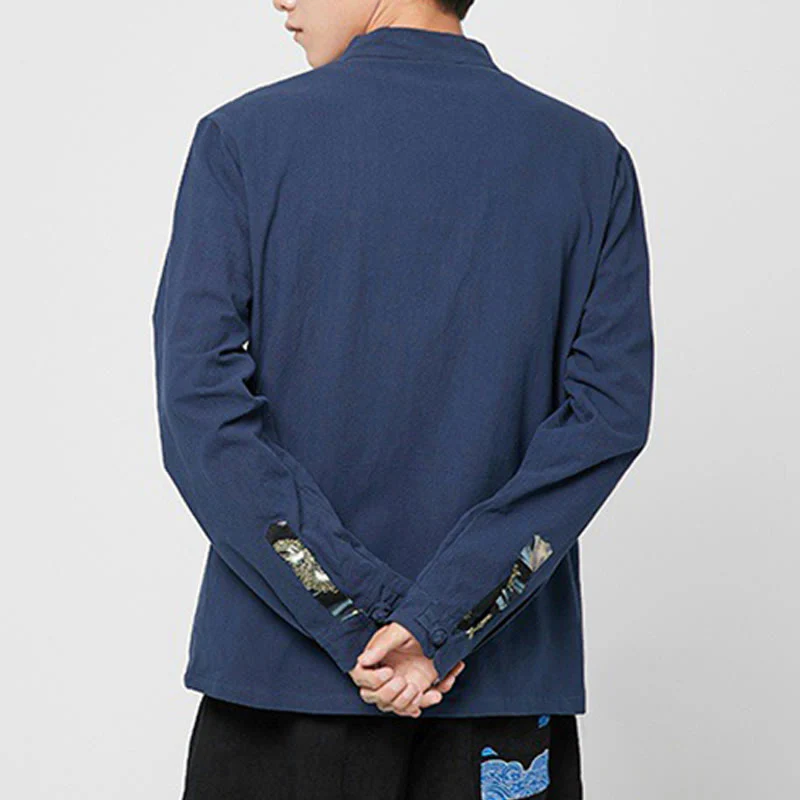 Buddha Stones Men's Frog-Button Dragon Pattern Cuffs Cotton Long Sleeve Shirt