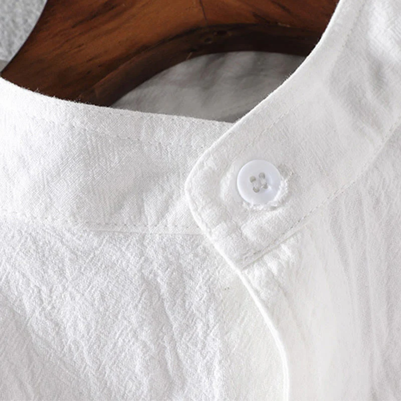 Buddha Stones Summer Solid Men's Buttons Half Sleeve Cotton Linen Shirt