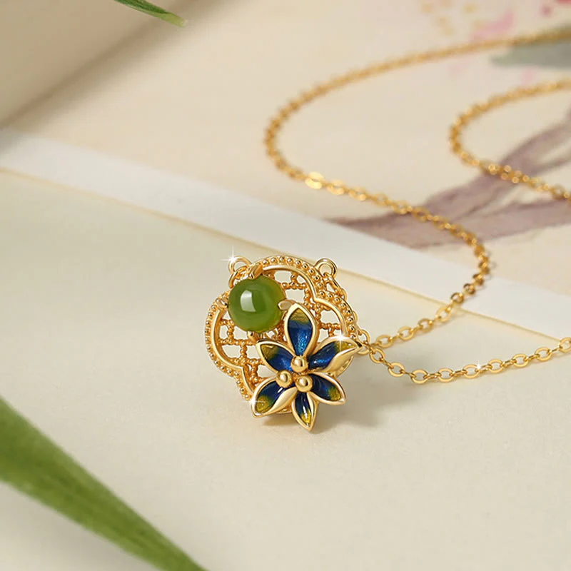 Buddha Stones 925 Sterling Silver Four Leaf Clover Flower Hetian Cyan Jade Pearl Healing Necklace Pendant Bracelet Earrings Set