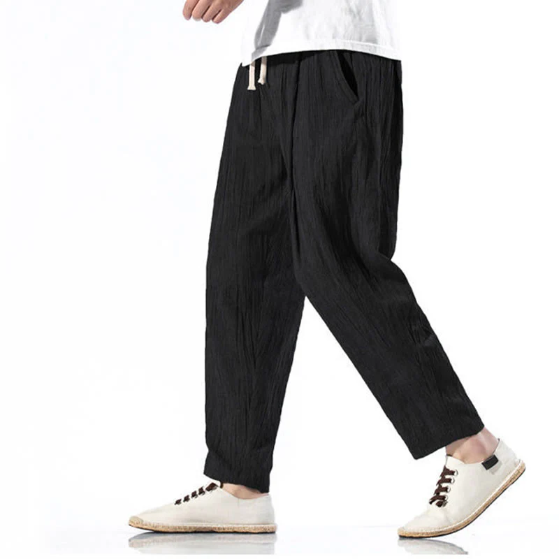 Buddha Stones Casual Plain Pleated Design Drawstring Men's Long Cotton Linen Harem Pants With Pockets