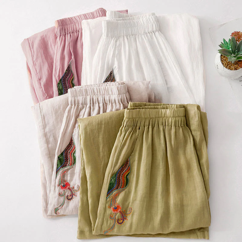 Buddha Stones Casual Flower Embroidery Women's Cotton Linen Elastic Waist  Wide Leg Pants With Pockets