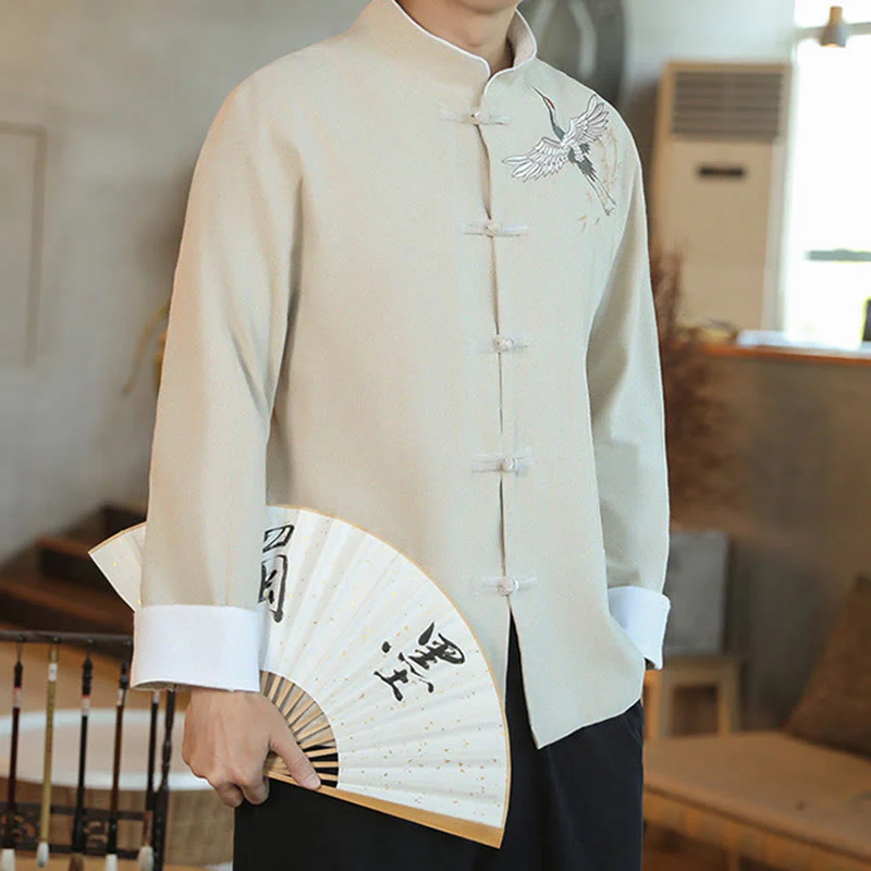 Buddha Stones Chinese New Year Flying Crane Embroidery Frog-button Tang Suit Cotton Men's Jacket Shirt