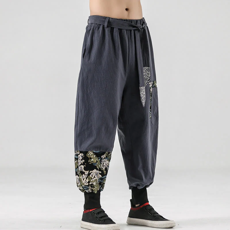 Buddha Stones Ocean Waves Lace-up Cotton Men's Harem Pants With Pockets