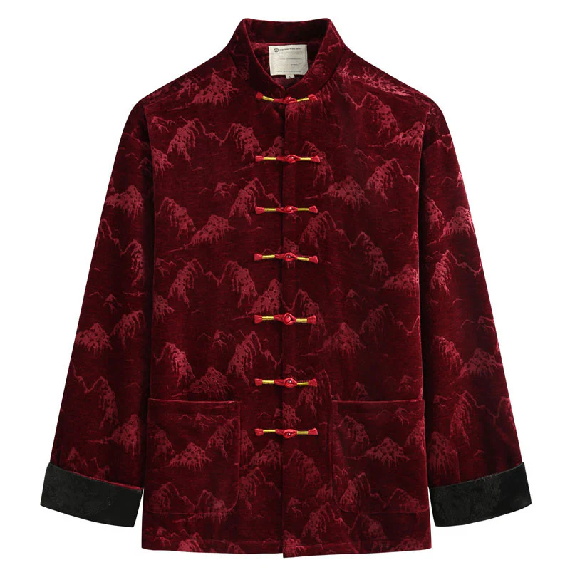 Buddha Stones Chinese New Year Landscape Print Handmade Frog-button Tang Suit Men's Jacket Shirt With Pockets